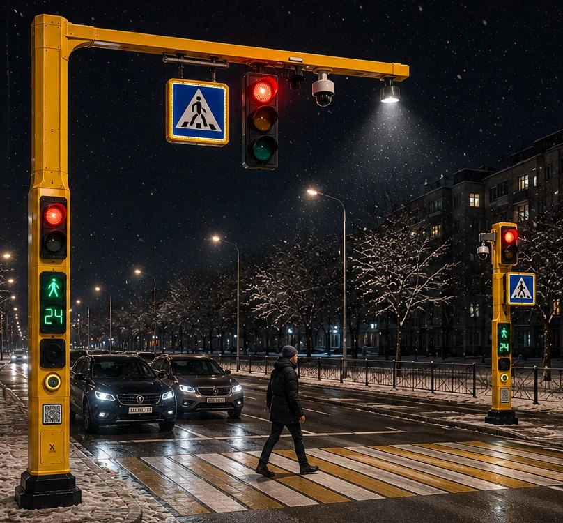 Исполнение «Б» зимней ночью: прожектор зоны, LED-знаки, ответная стойка