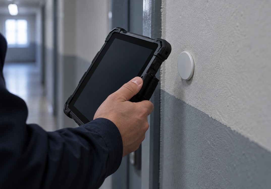 Планшет прикладывается к NFC-метке на стене отряда